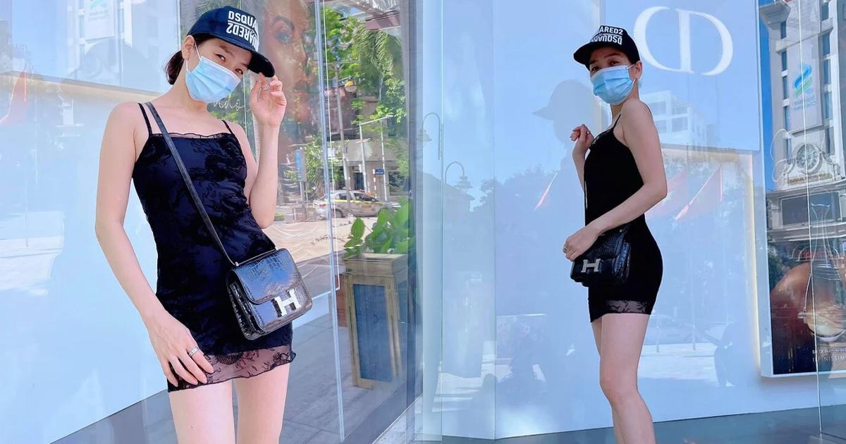 Lệ Quyên mặc váy hai dây ren ngắn như váy ngủ ra đường