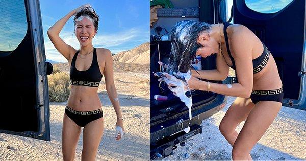 Minh Tú diện nội y tắm gội giữa sa mạc, để lộ thân hình "mỡ màng" vì tăng cân