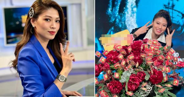 BTV Ngọc Trinh cầm bó hoa 100 cây vàng lên sóng VTV, báo lỗ tiền trăm triệu