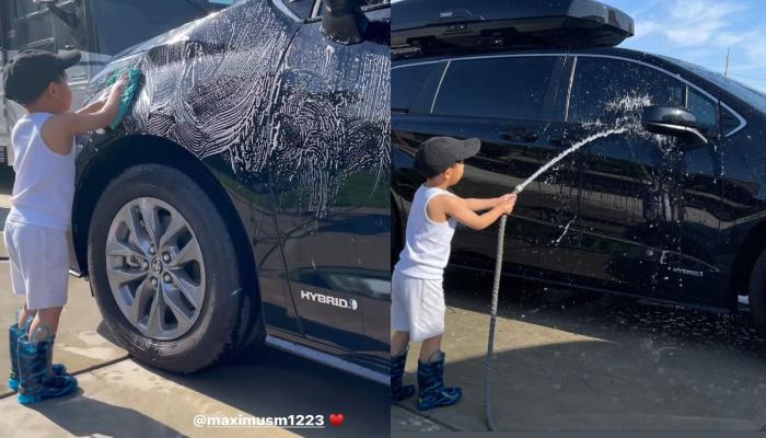 Có bố là triệu phú, con trai 4 tuổi của Phạm Hương vẫn phải đi rửa xe hơi cho mẹ