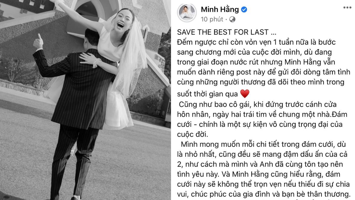 Một tuần trước đám cưới, Minh Hằng nhắn nhủ ông xã: "Em xin làm vợ bảo vệ anh một ngày"