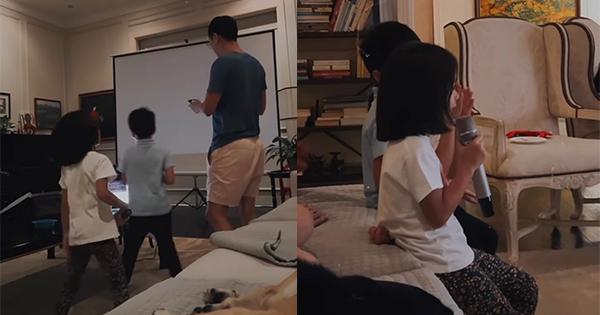 Tăng Thanh Hà nằm dài trên sofa được chồng và hai con phục vụ văn nghệ tại gia