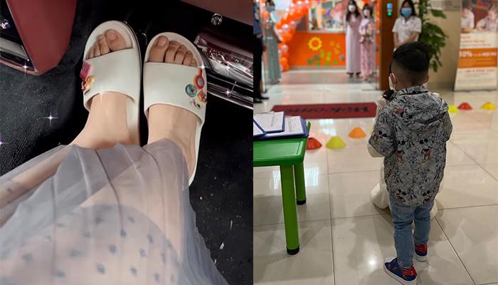 Á hậu Thanh Tú xỏ dép lê đưa con trai 3 tuổi đến trường