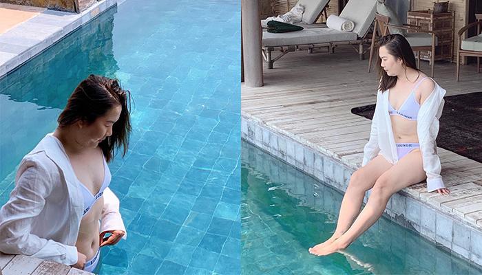 Thúy Kiều - giúp việc nhà Ngọc Trinh - diện bikini khoe ngực đầy, đùi thon ở hồ bơi