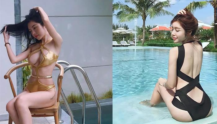 Elly Trần mặc áo tắm ngồi bên bể bơi, dáng nuột đến mức bạn bè nghi ngờ: "Lúc này chưa đẻ hả?"