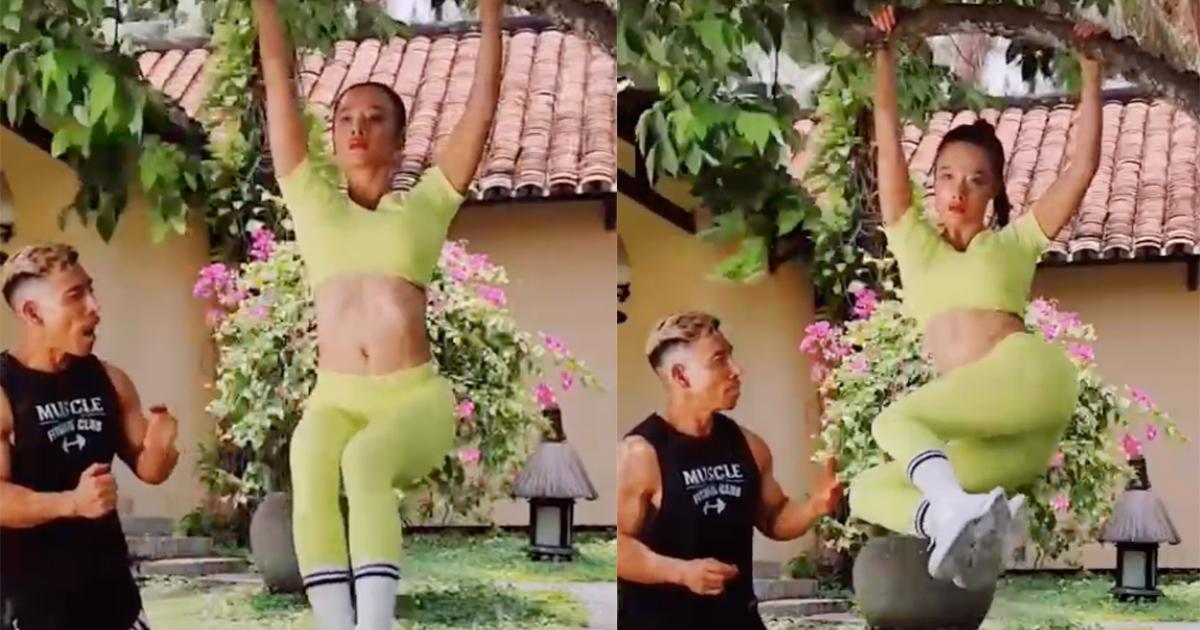 Angela Phương Trinh đu cây gập bụng, tập nặng mặt vẫn tươi như hoa