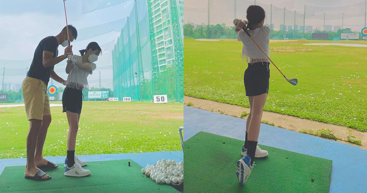 Con gái Công Vinh - Thủy Tiên khoe cặp chân siêu mẫu trên sân golf ở tuổi lên 9