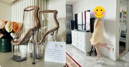 Hòa Minzy xỏ giày 25 cm cao như cà kheo tạo dáng với váy ngủ