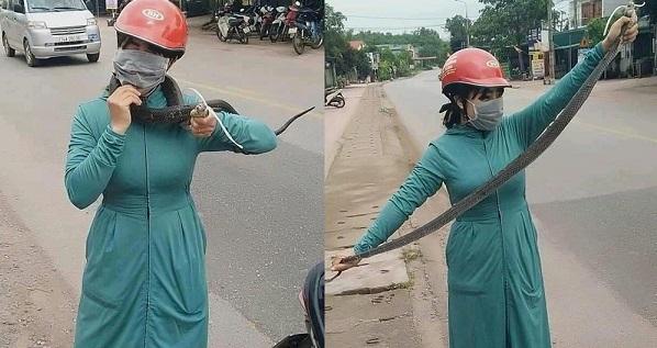 Hình ảnh cô gái nhỏ nhắn, tay không bắt "bé Na" to đùng khiến cư dân mạng phát hoảng