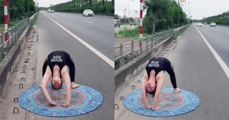 Cô gái thản nhiên tập Yoga trên đường cao tốc mặc xe cộ qua lại