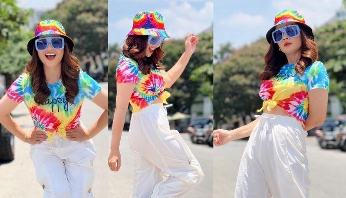 Diễn viên Hoài An U50 vẫn trẻ trung, không ngại diện áo 7 sắc cầu vồng khoe eo giữa phố