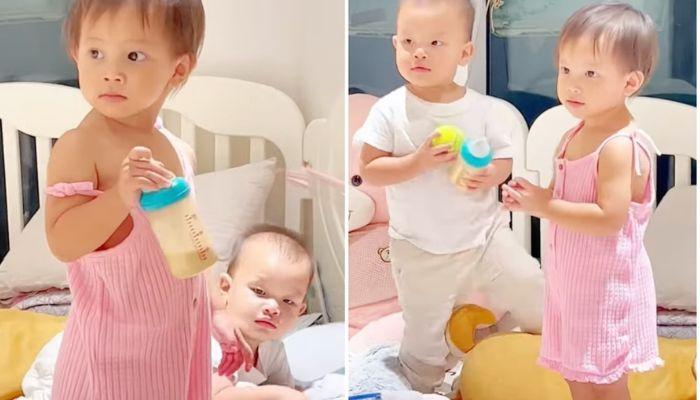 Lisa nhà Hà Hồ mới hơn 1 tuổi đã ra dáng chị cả, thay mẹ đút sữa cho em trai