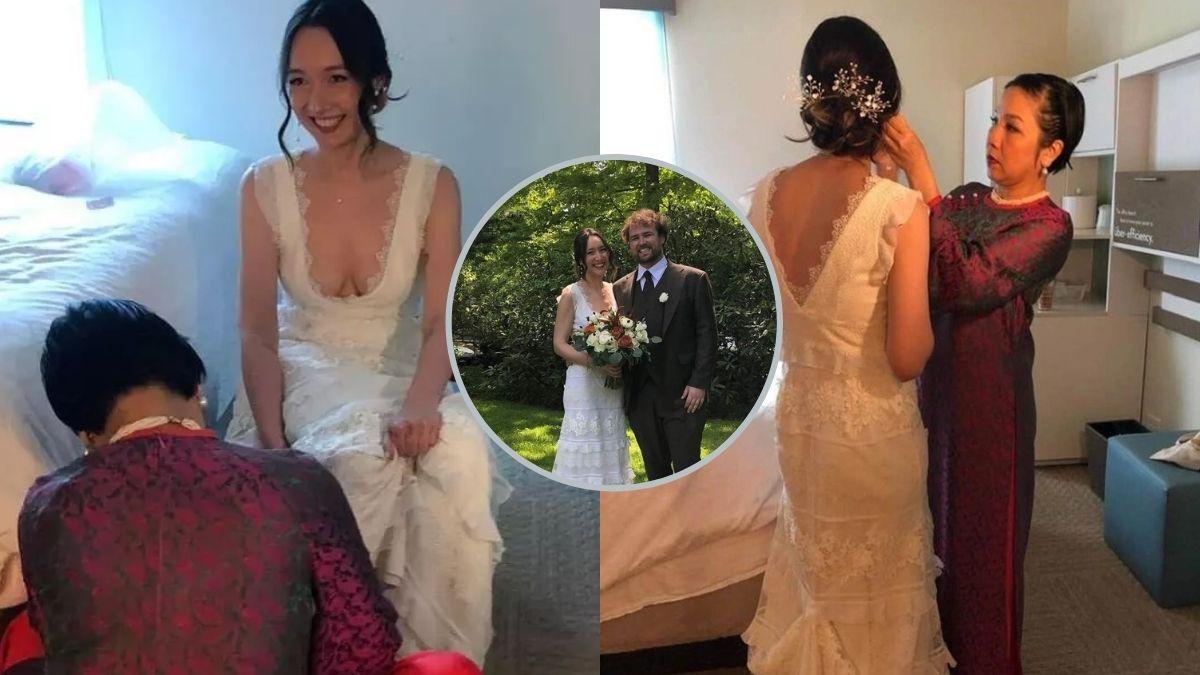 Mỹ Linh đứng cạnh vợ đầu của chồng tại đám cưới Anna Trương, Anh Quân nén khóc đưa con lên lễ đường