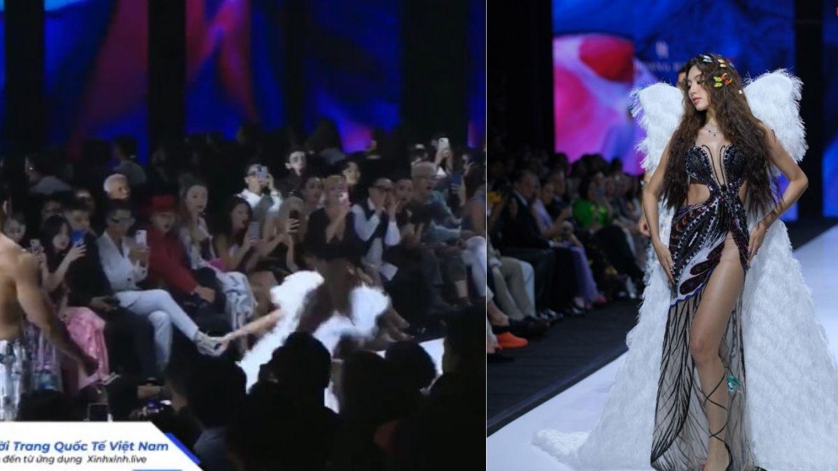 Miss Grand Thuỳ Tiên bị vấp ngã khi làm vedette tại show của NTK Hoàng Hải