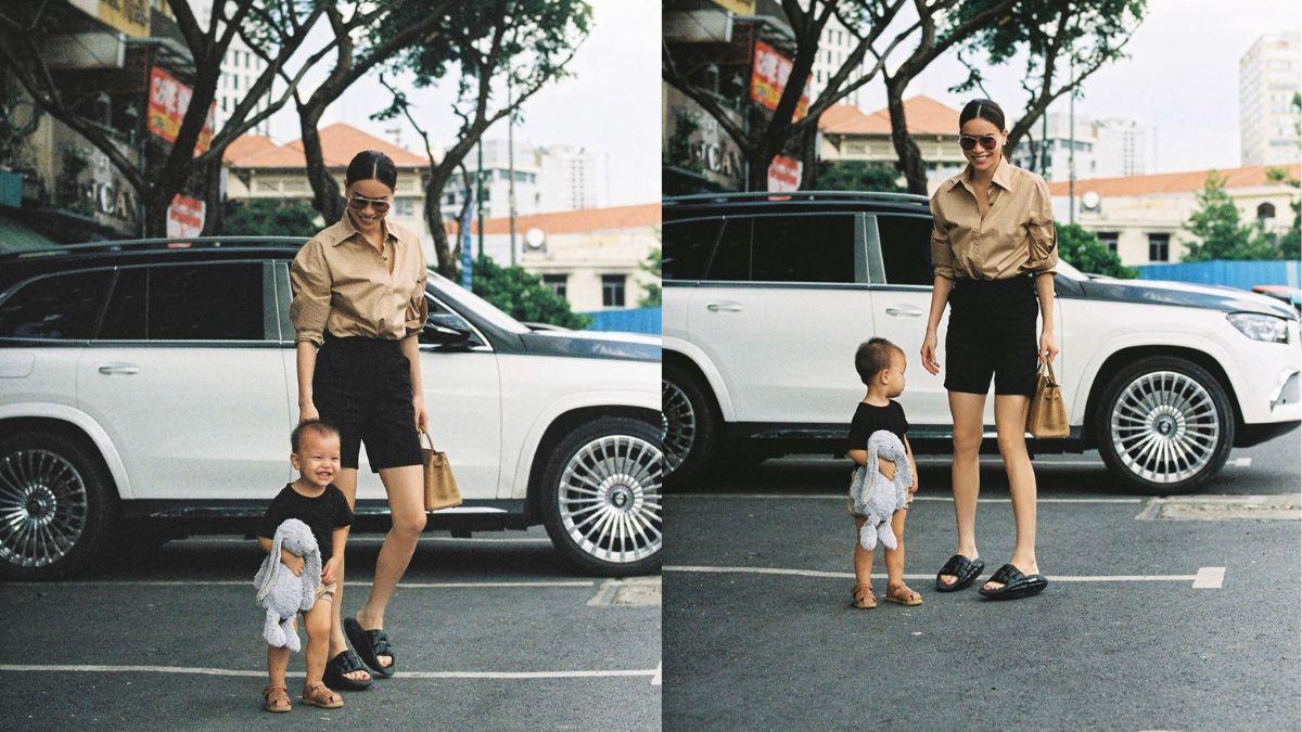 Hồ Ngọc Hà đưa con trai đi làm nhưng Leon đã bị cặp chân của mẹ làm lu mờ