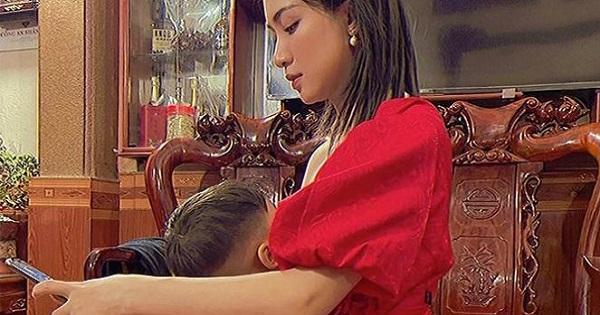 Hòa Minzy đăng ảnh vừa làm việc vừa vạch áo cho con bú
