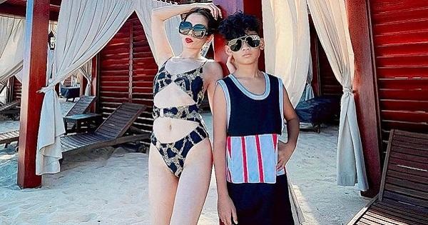 Lần đầu diện áo tắm chụp ảnh cùng con trai, Lệ Quyên vẫn "ưỡn" vẹo lưng
