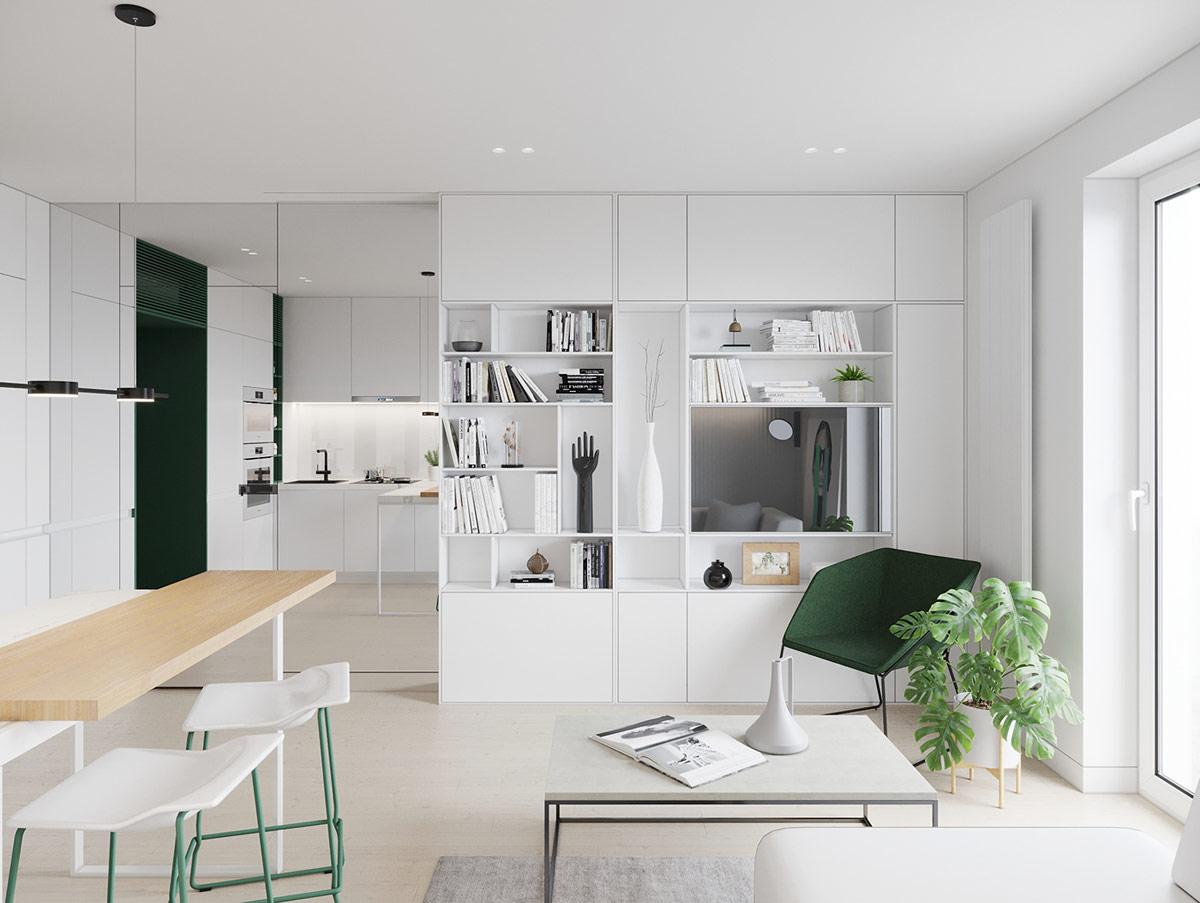 Căn hộ 28m² thu hút ánh nhìn với màu xanh lá nổi bật giữa sắc trắng chủ đạo