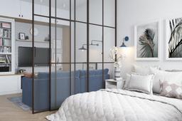 Căn hộ 58m² với phòng khách và phòng ngủ phân vùng bằng cửa trượt đẹp mắt