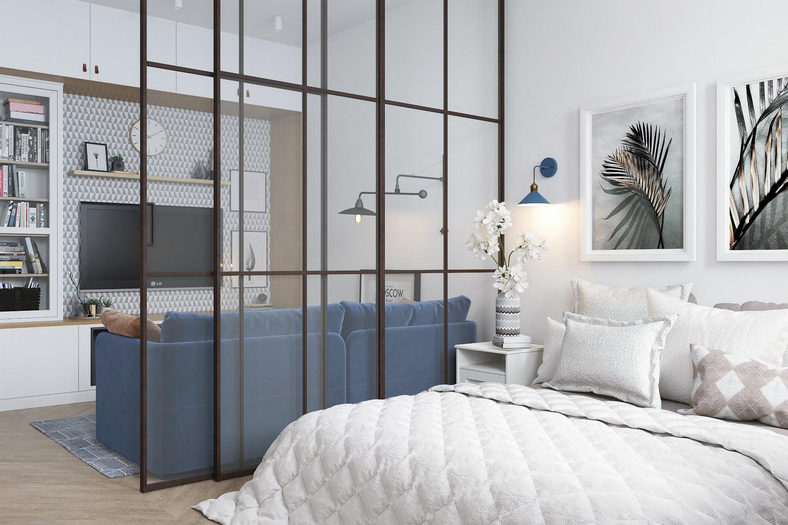 Căn hộ 58m² với phòng khách và phòng ngủ phân vùng bằng cửa trượt đẹp mắt