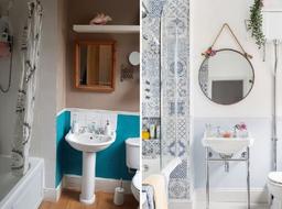 Phòng tắm nhẹ nhàng với sắc xanh lam nhạt và gạch ốp tường xinh xắn sau cải tạo