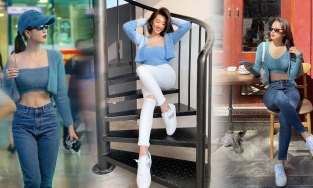 Set áo croptop và cardigan đang được loạt sao Châu Á lăng xê