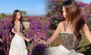 Ngọc Trinh 'ngoan' đến lạ, vứt bỏ xiêm y cắt xẻ táo bạo thay bằng loạt đầm 'nàng thơ'