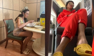 Khi Hoa hậu mê dép tổ ong: Thùy Tiên gây cười, một người còn hồn nhiên xỏ lên khoang thương gia