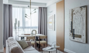 Căn hộ 95,5m² có quầy bar mini sang chảnh với gam màu trung tính, nền nã