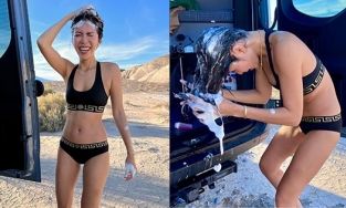 Minh Tú diện nội y tắm gội giữa sa mạc, để lộ thân hình 'mỡ màng' vì tăng cân