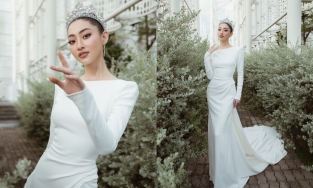 Ngắm Hoa hậu chân dài 1m22 Lương Thùy Linh khoe nhan sắc lộng lẫy trong trang phục váy cưới