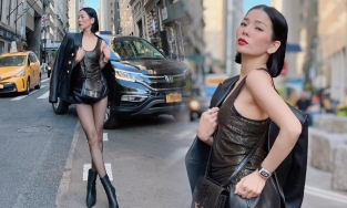 Lệ Quyên để lộ vòng 2 kém thon gọn khi thả dáng trên đất Mỹ