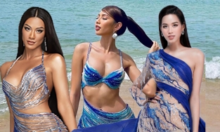 Thuỳ Tiên, Kim Duyên và Đỗ Thị Hà cùng diện váy 'sóng nước' với tham vọng vươn ra biển lớn
