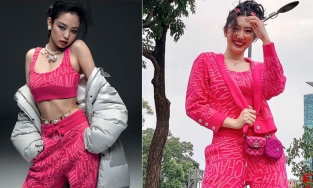 Đụng hàng set đồ màu hồng mười giờ với Jennie (BLACKPINK), Thúy Ngân trông giống như đang đi chợ