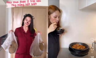 Tiểu Vy mua 7kg sầu riêng, Miu Lê “bỏng” miệng vì vội ăn cá thu kho thơm ngay trên bếp