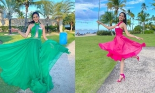 Sau set tweed hồng sến rện, Đỗ Thị Hà ghi điểm với hai thiết kế rực rỡ, diện trong phần thi tài năng