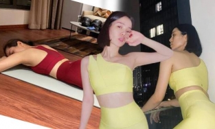 Lệ Quyên nằm trườn tạo dáng chân co chân duỗi chụp ảnh selfie