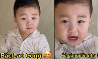 Con trai Hòa Minzy tặng quà bác lao công với biểu cảm đáng yêu