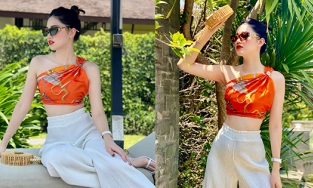 Á hậu Thanh Tú bầu 5 tháng vẫn diện croptop khoe eo