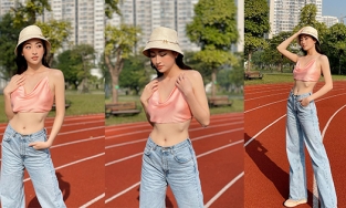 Khoác mỗi mảnh vải bé đi chạy bộ buổi sáng, Lương Thùy Linh gầy nhô cả xương sườn