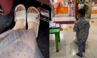 Á hậu Thanh Tú xỏ dép lê đưa con trai 3 tuổi đến trường