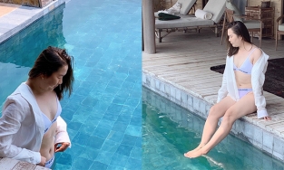 Thúy Kiều - giúp việc nhà Ngọc Trinh - diện bikini khoe ngực đầy, đùi thon ở hồ bơi