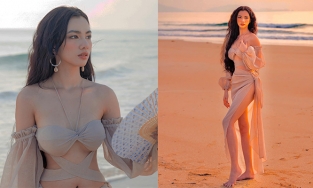 Cẩm Đan diện đầm cắt xẻ, đẹp như nữ thần trên bãi biển