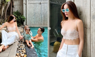 Hồ Ngọc Hà ăn mặc 'mát mẻ' bên hồ bơi nhân kỷ niệm 5 năm yêu Kim Lý