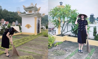 Phạm Hương tự tin khoe ảnh mặc đồ của bà ngoại dọn dẹp ở quê nhà