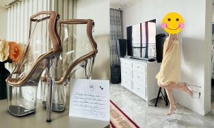 Hòa Minzy xỏ giày 25 cm cao như cà kheo tạo dáng với váy ngủ