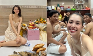 Tiểu Vy ngồi bệt xuống sàn ăn tiệc sinh nhật, đón tuổi 22 nhiều suy tư