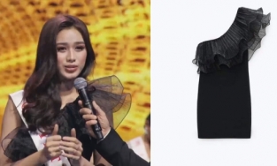 Đỗ Thị Hà mặc váy 525 ngàn đồng đi mượn của Miss Puerto Rico lúc được xướng tên vào Top 13