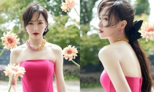 Đường Yên khoe sắc trong bộ thiết kế trễ vai hồng cánh sen