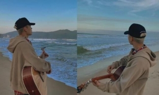 Em trai Sơn Tùng mang đàn ra biển hát, mẹ bình luận một câu khiến fan thích thú